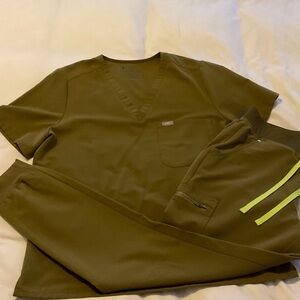 Figs Olive Green Scrub Set with Neon Accents in Bonsai color with joggers.
